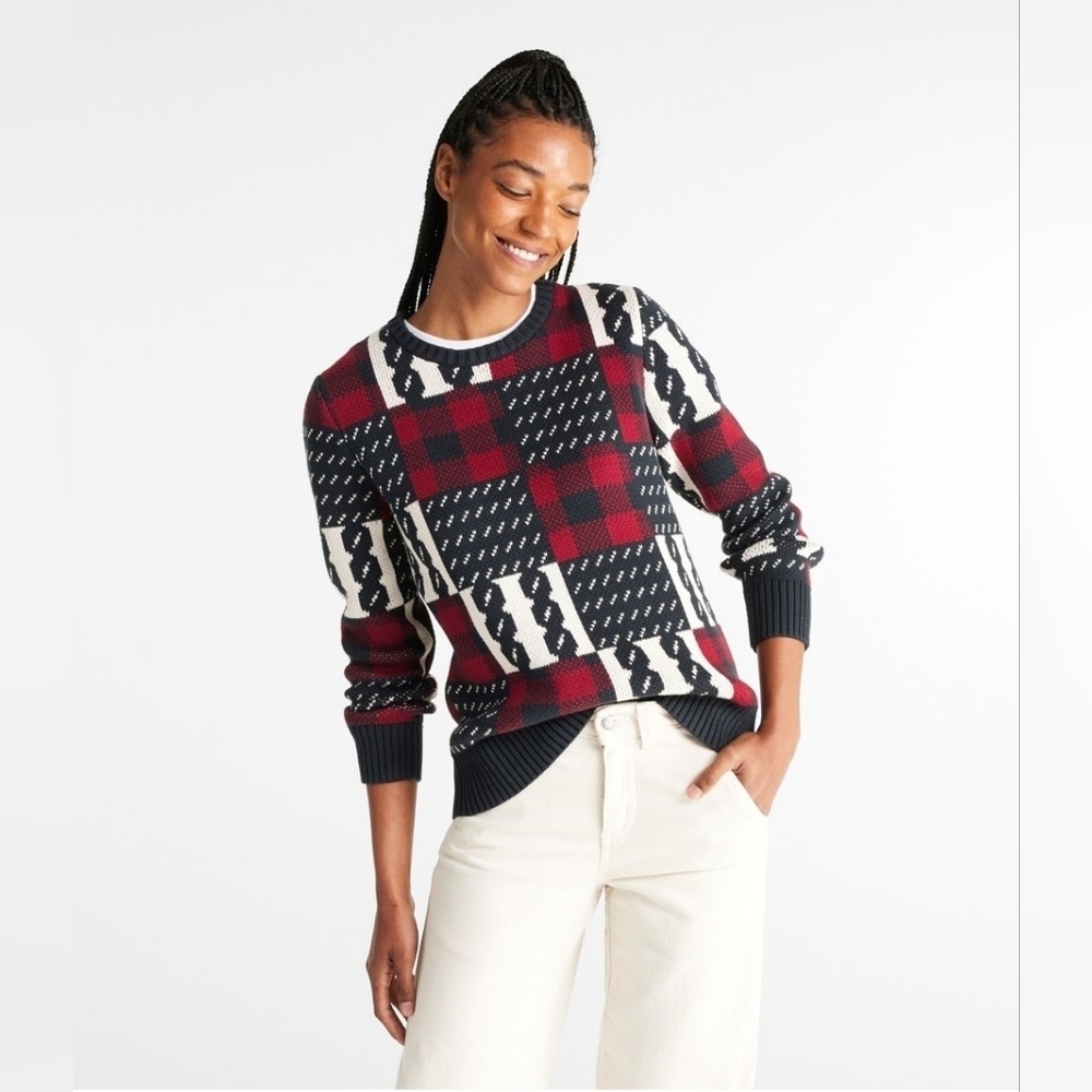 LL Bean Beans Heritage Soft Patchwork Plaid Cotton Fisherman Sweater Crew Neck L